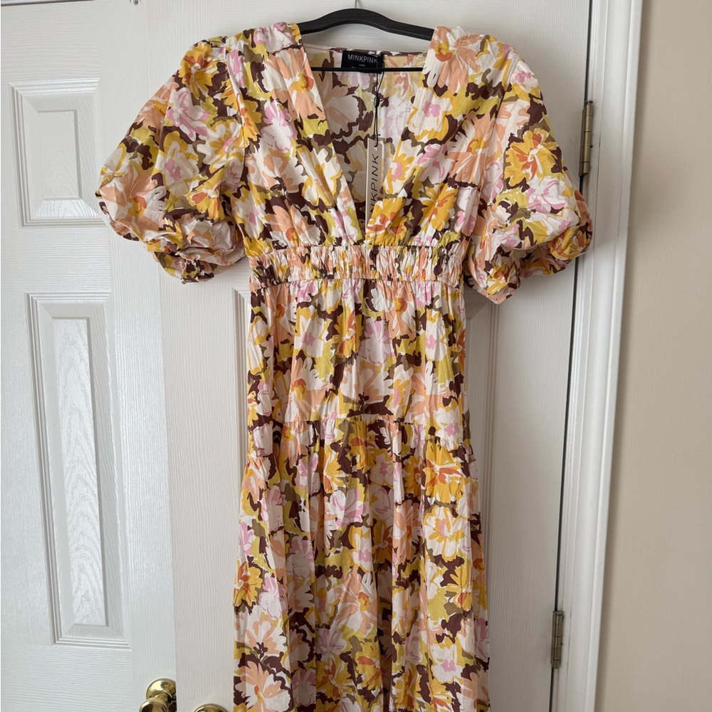 MINKPINK Floral V-Neck Dress with Puff Sleeves
